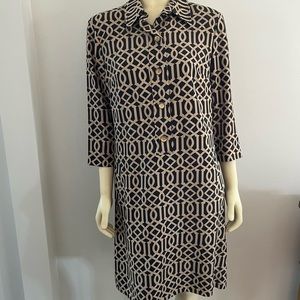 J. McLaughlin Women’s Geometric Silk Wool Blend Shirt Dress Tunic Black Tan 10